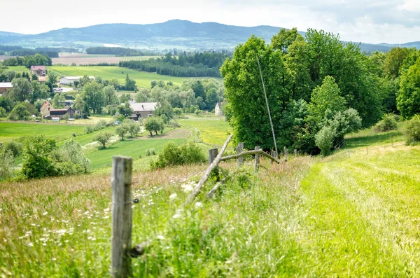 Rural View Green Hills Meadow Kaczawskie Mountain Spring Poland — Stock Photo, Image