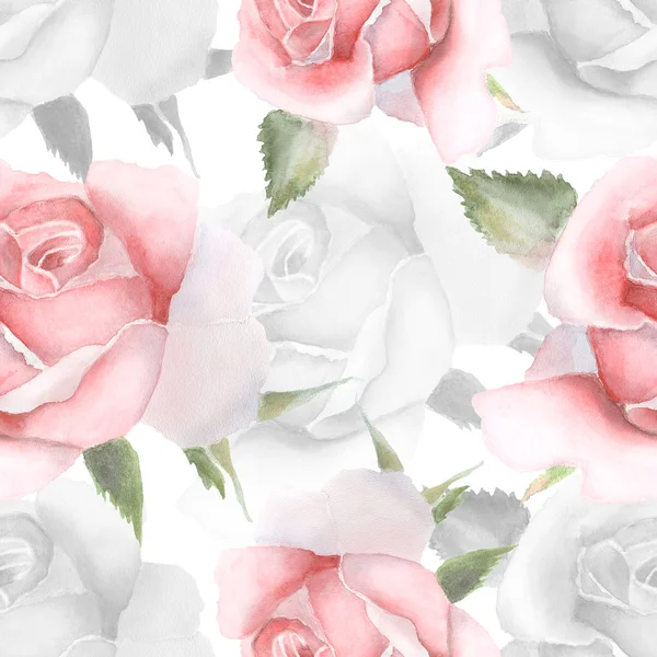 Seamless pattern with pink watercolor roses. — Stockfoto