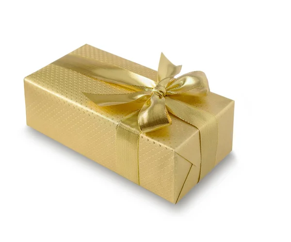 Gold gift box with golden ribbon over white background. Clipping path included. — Stock Photo, Image