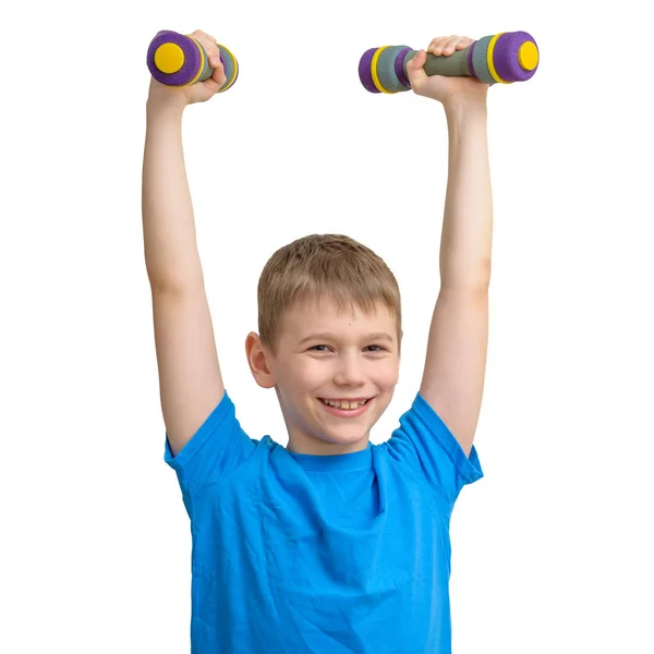 Uśmiechnięty chłopiec cute sport, ćwiczenia z hantlami na białym tle. — Zdjęcie stockowe