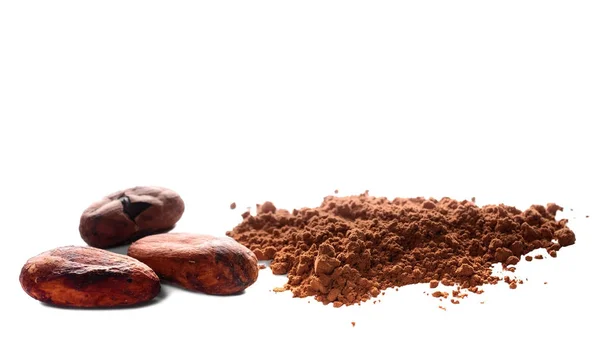 Polvo de cacao y granos de cacao aislados en blanco —  Fotos de Stock