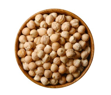 Tahta kasedeki kuru nohutlar beyazlar üzerinde izole edilmiş..