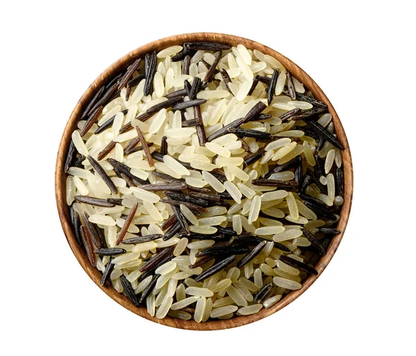 Blandat ris i träskål isolerat på vitt. — Stockfoto