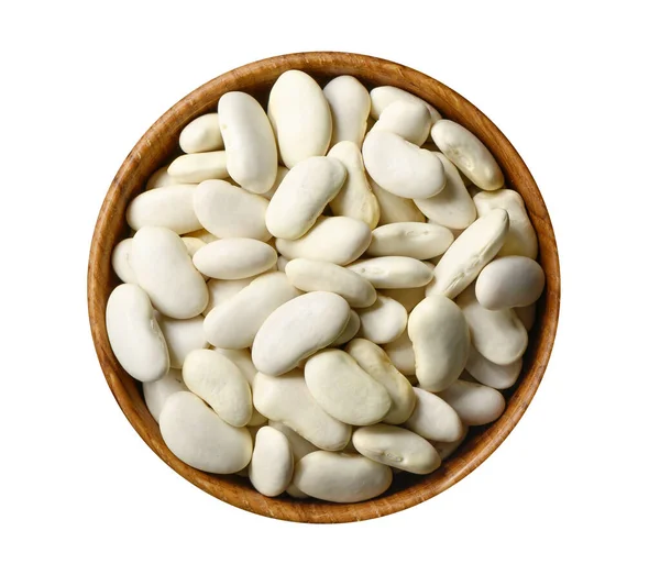 Dry white beans in wooden bowl isolated on white — Stock Photo, Image