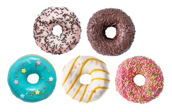 Set aus verschiedenen bunten Donuts isoliert auf weißem Hintergrund. — Stockfoto