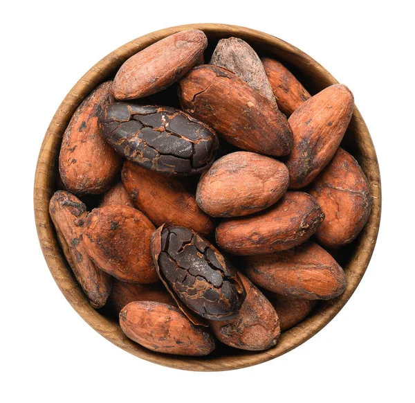 Cacao en cuenco de madera aislado sobre blanco. Vista superior —  Fotos de Stock