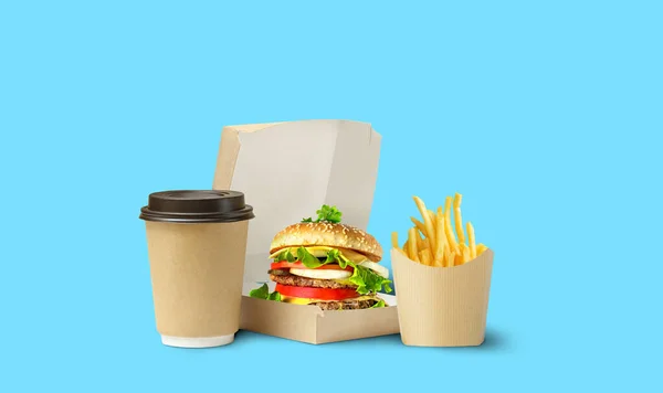 Lunch Tasty Hamburger French Fries Coffee Cup Cardboard Package Blue — Stock Photo, Image