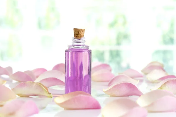 Bottle of essential oil and pink rose — Stock Photo, Image