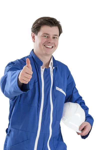 Retrato de jovem faz-tudo segurando capacete sobre branco — Fotografia de Stock