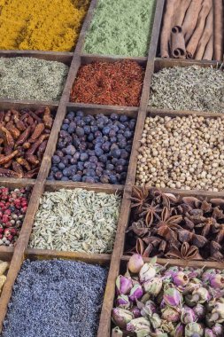 baharat ve otlar ile dikey ahşap kutu