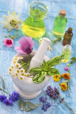 harç beyaz arka planda taze otlar ile aromaterapi tedavi için temel yağlar