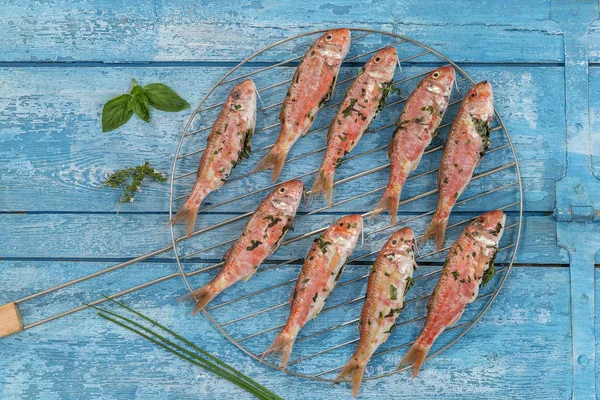 Plenty of red mullet fish ready to grill at barbecueon a blue wooden booard — Stock Photo, Image