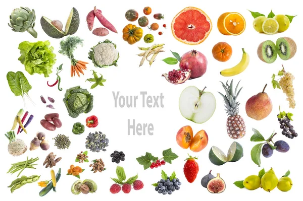 Concept of healthy food, Various Fruits and vegetables to eat five a day on withte background with copy-txte in the middle — Stock Photo, Image