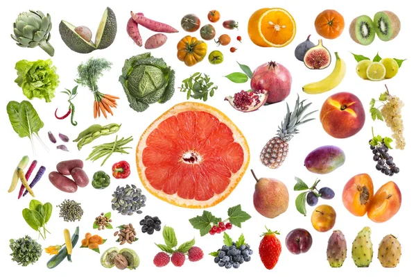 概念的健康食品、 各种水果和蔬菜吃五 withte 日背景与 grapfruit 切片中间 — 图库照片