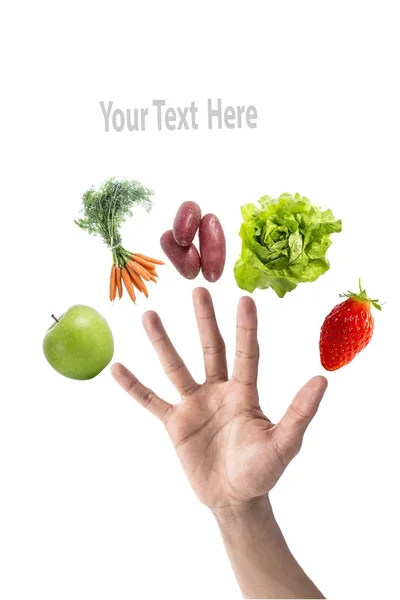 概念营养与健康： 吃五个水果和蔬菜每天对你的饮食，配以水果和蔬菜在每个的一只手的手指上 — 图库照片