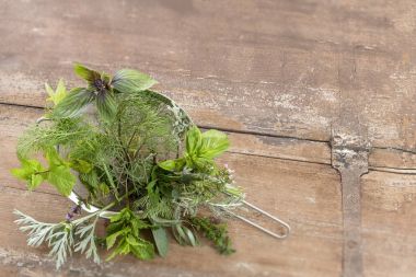 ahşap arka plan üzerinde metal bir elek bitkisel ilaçlar otlar üzerinde koleksiyon