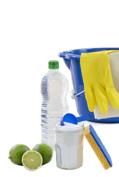 View of baking soda with ,blue, bucket, mop, gloves, lemon, vinegar, natural mix,for effective house cleaning,on wooden floor green cleaning concept — Stock Photo, Image