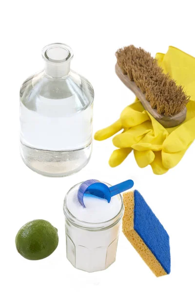 Top view of baking soda with ,blue, spoon yellow gloves, brush lemon, vinegar, natural mix,for effective house - green cleaning concept — Stock Photo, Image