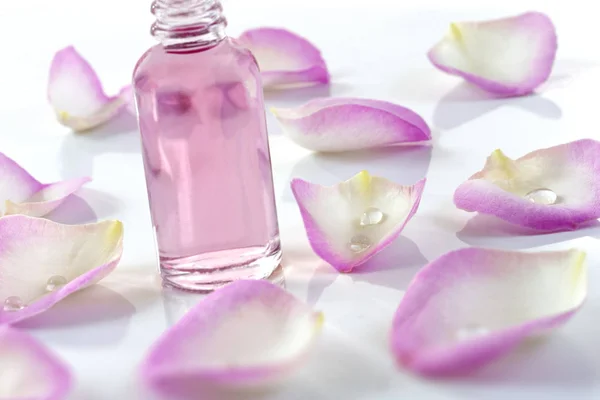 A bottle of rose essential oil with rose petals on white background — Stock Photo, Image