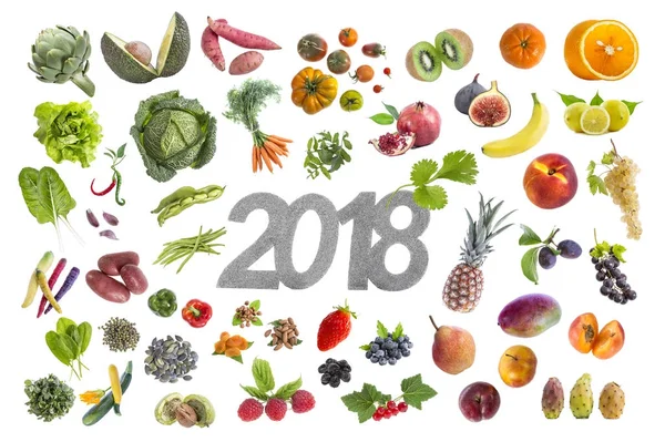 Νέο έτος καλό ψήφισμα πέντε φρούτων και λαχανικών τον whritten 2018 για την midde σε λευκό — Φωτογραφία Αρχείου