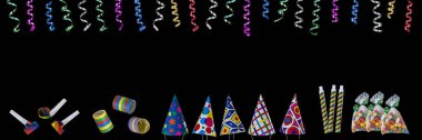 Panoramic festive image with rolls of curly ribbons hanging from top and multi party favors on the gound on black on the gound clipart