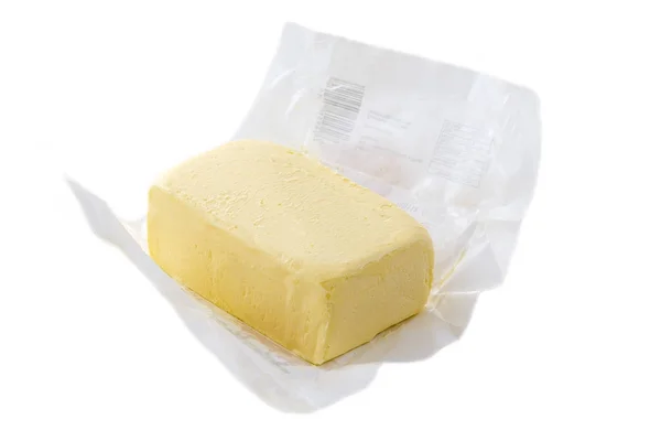 Nahaufnahme einer offenen Packung Margarine oder vegetarischer Butter auf weißem Untergrund. — Stockfoto