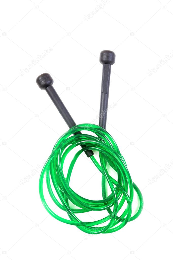 green Jumping rope for sort training on white background