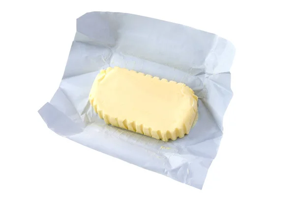 Primer plano del paquete abierto de mantequilla orgánica sobre fondo blanco . —  Fotos de Stock