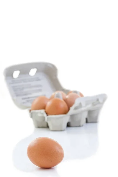 Detailní záběr záběr otevřené recyklovatelné vejce krabičce s 5 vajec uvnitř a jedno vejce vedle ní na bílém pozadí ekologické zdravé potraviny z bio farem. — Stock fotografie