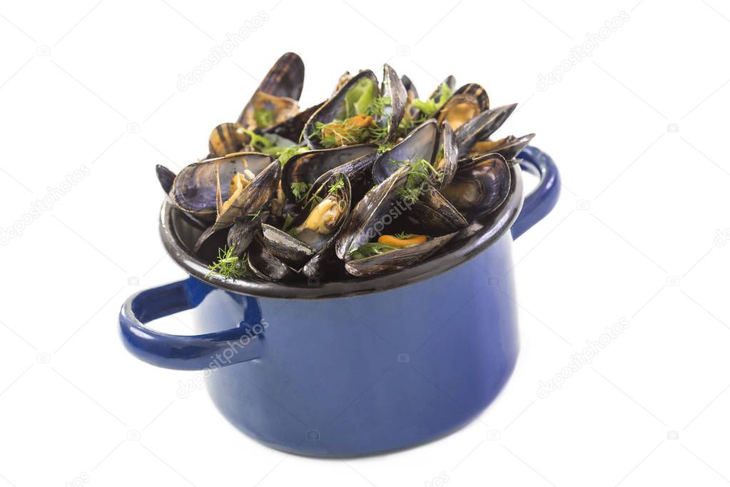 mussels in a blue ceramic pot on a white background. Healthy eating concept. Meditteranean lifestyle.