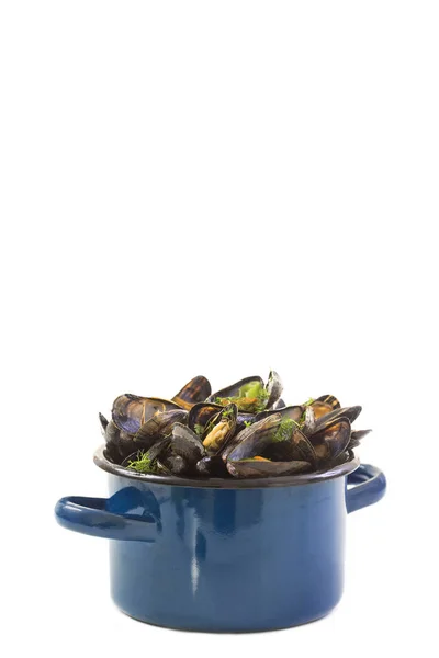 Mussels in a blue ceramic pot on a white background. Healthy eating concept. Meditteranean lifestyle. — Stock Photo, Image