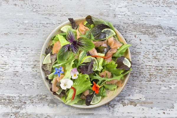 Fresh vegetable salad with smock salmon fish on white background — Stock Photo, Image