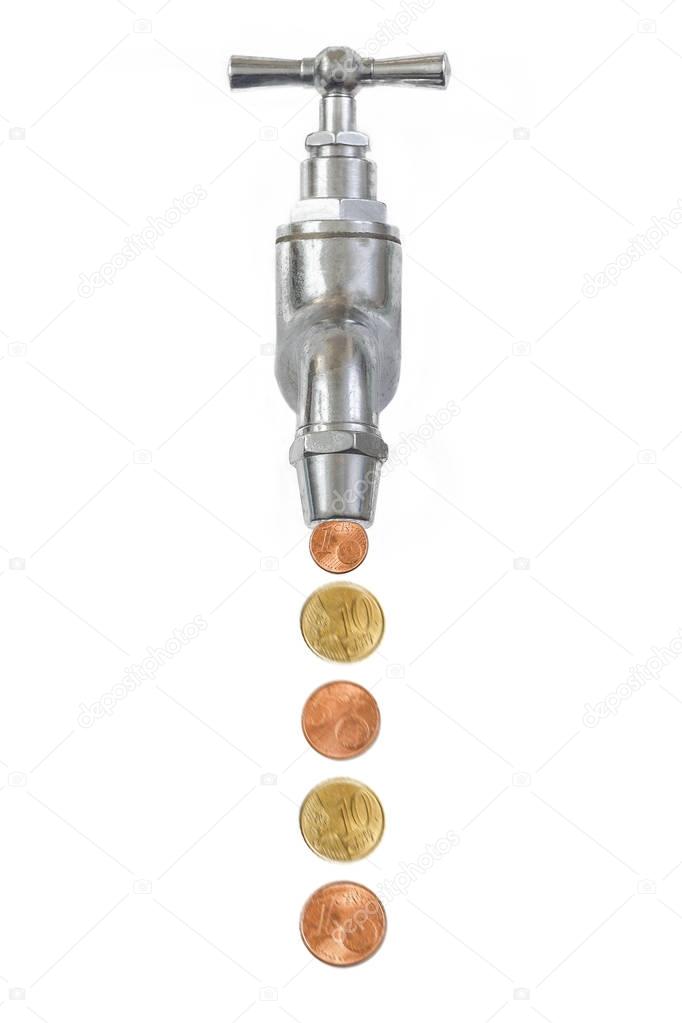 Concep image waste european budget faucet were euro currency drops out isolated on white background