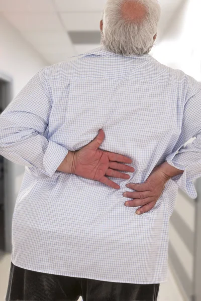 Overweight man with acute back ache bending over backwards to attenuate the pain, back view — Stock Photo, Image