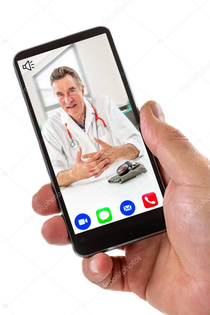 e-health: hand of a man holding Smartphone, mobile phone with calling icon in here,phone ,song,camera,and messaging,and live chat ith doctor on screen on white