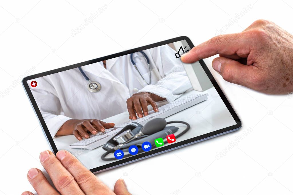 Telemedicine: hand of a man using tablet computer with calling icon in here,phone ,song,camera,and messaging,and live chat ith doctor on screen on white