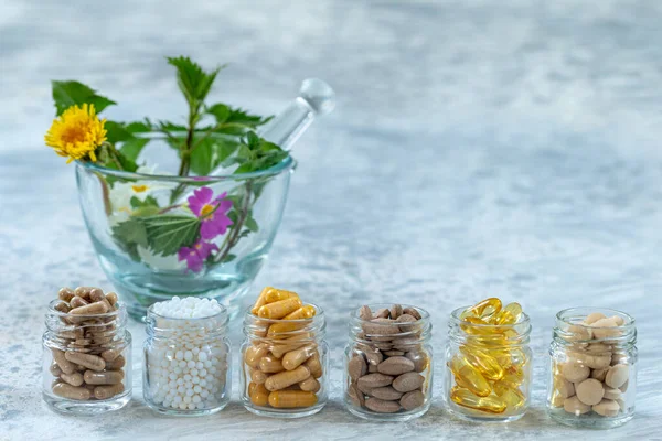 Botella Pastillas Complementos Alimenticios Medicina Saludable Medicamentos Tratamiento Médico Aditivos —  Fotos de Stock