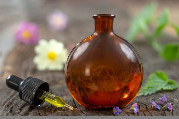 Medicina alternativa: Aceite esencial, sobre matraz de vidrio y cuentagotas, con hierbas frescas y flores sobre fondo de madera — Foto de Stock