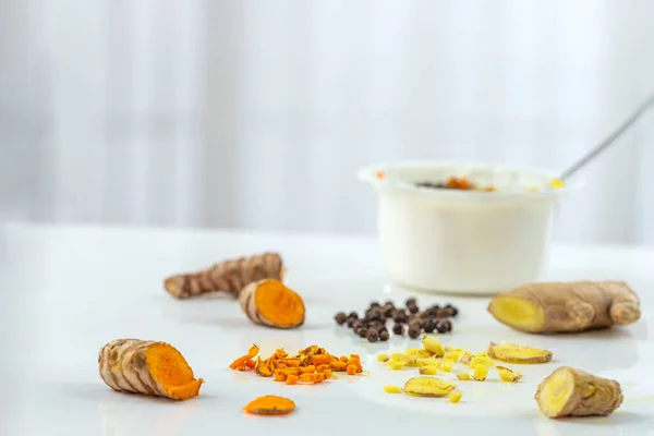 Ingredientes Para Cúrcuma Naranja Breackfast Fondo Hormigón Fruta Naranja Con —  Fotos de Stock