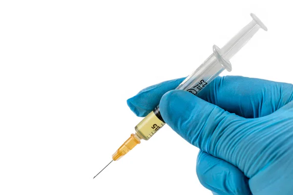 Gloved Hands Holding Syringe Dose Concepts Medical Treatment Epidemic Vaccine — Stock Photo, Image