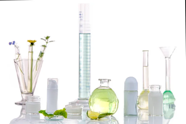 Kruidenmedine Achtergrond: Panoramisch beeld van een laboratorium Verse medicinale plant en bloemen klaar voor experiment op awhite achtergrond — Stockfoto