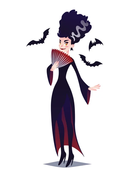 Милий вампір дама з вентилятором та кажанів. — стоковий вектор