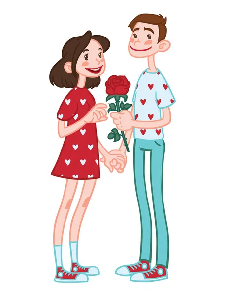Casal romântico de mãos dadas com flor . — Vetor de Stock
