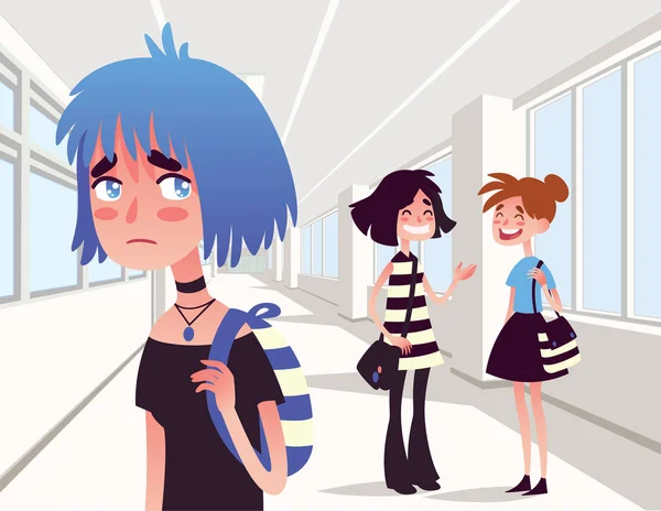 Triste chica solitaria mirando a dos amigos de la escuela . — Archivo Imágenes Vectoriales