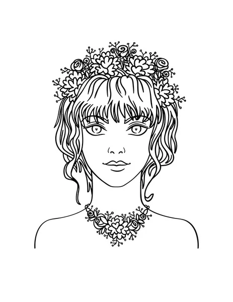 Handgezeichnetes junges Mädchen mit lockigem Haar und Blumen. — Stockvektor