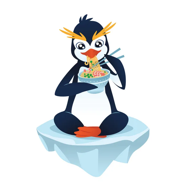 Söt pingvin med en nudelrätt. — Stock vektor