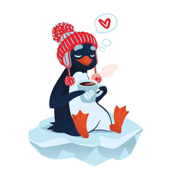 Lindo pingüino con taza de café . — Vector de stock