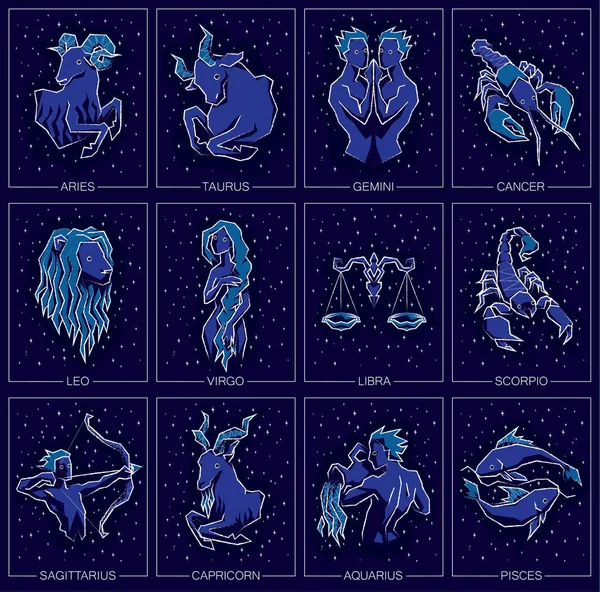 Coleção de todos os signos do zodíaco na noite estrelado céu fundo . — Vetor de Stock