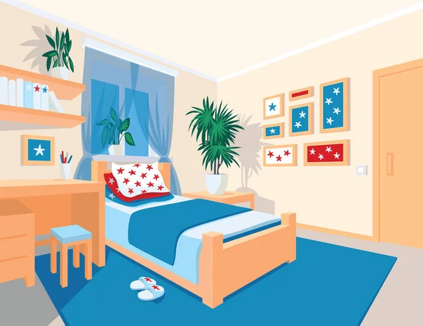 Colorful interior of bedroom in flat cartoon style. — Stock Vector