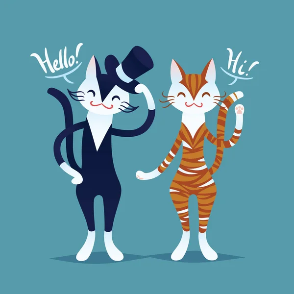 Linda pareja de gatos. Ilustración vectorial en estilo plano de dibujos animados. Hola. . — Vector de stock